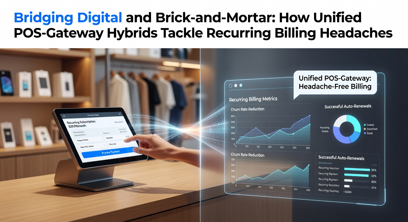 Digital dashboard showing seamless integration of POS terminal and online payment gateway for recurring subscriptions in a retail setting