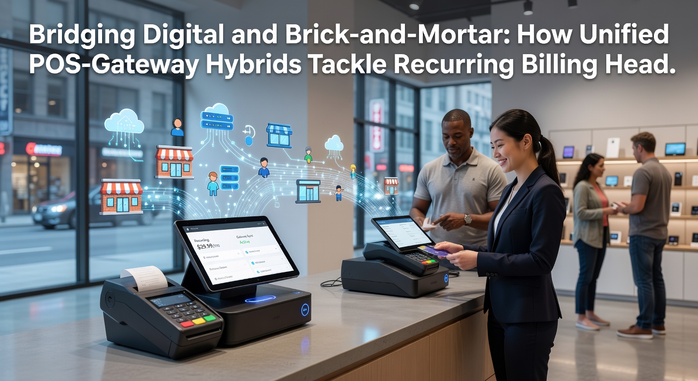 Close-up of a modern POS terminal integrated with a mobile app displaying recurring billing options and real-time sync status