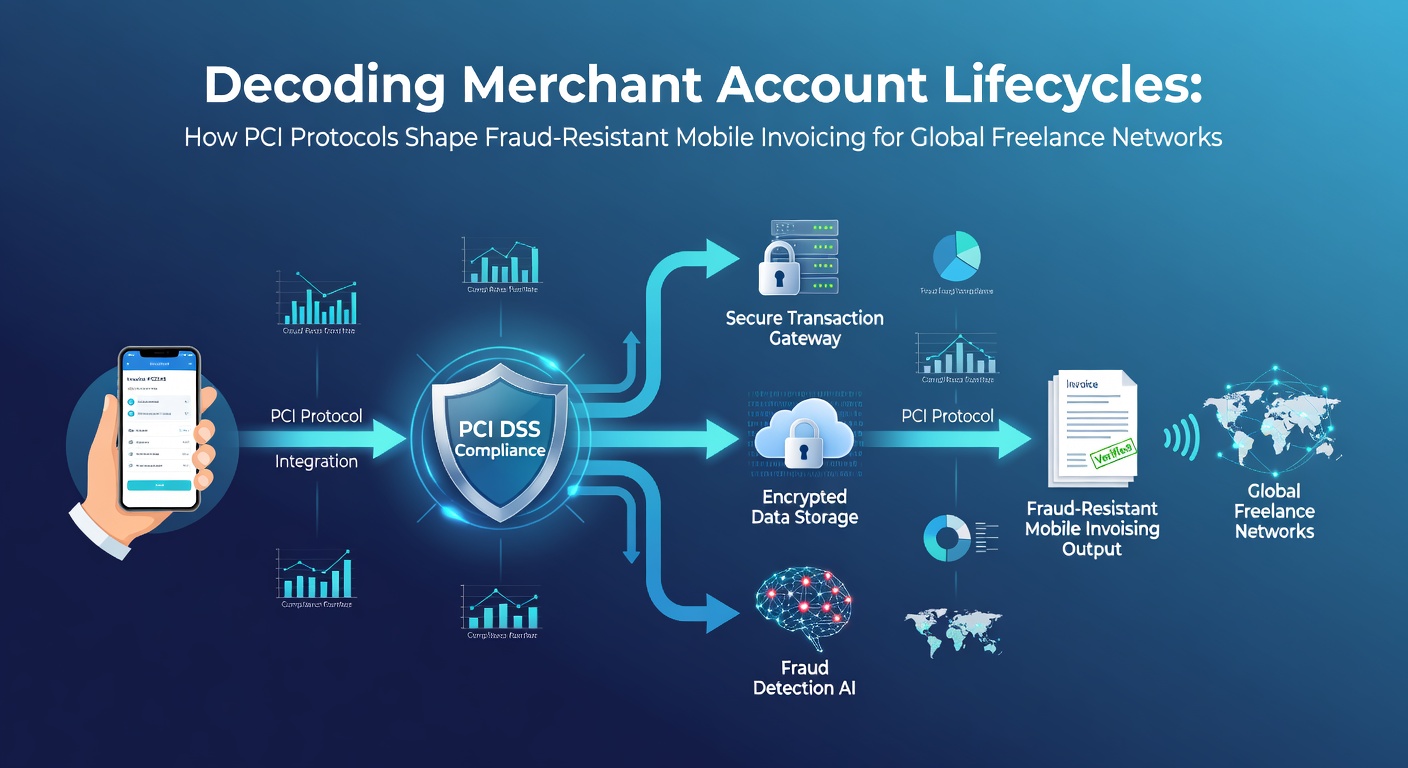 Illustration of merchant account lifecycle stages connected to secure mobile invoicing interfaces for freelancers