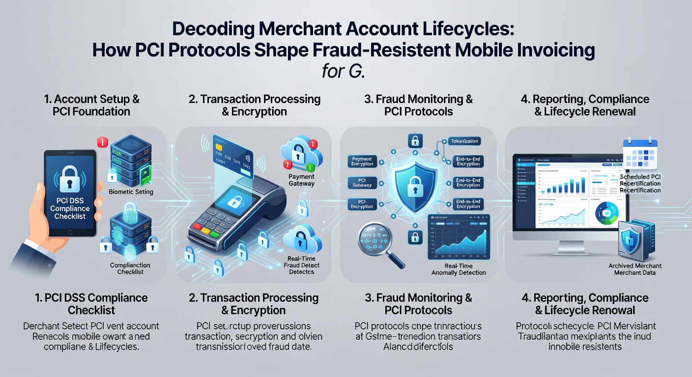 Diagram showing PCI compliance checkpoints integrated into mobile invoicing workflows across global freelance operations