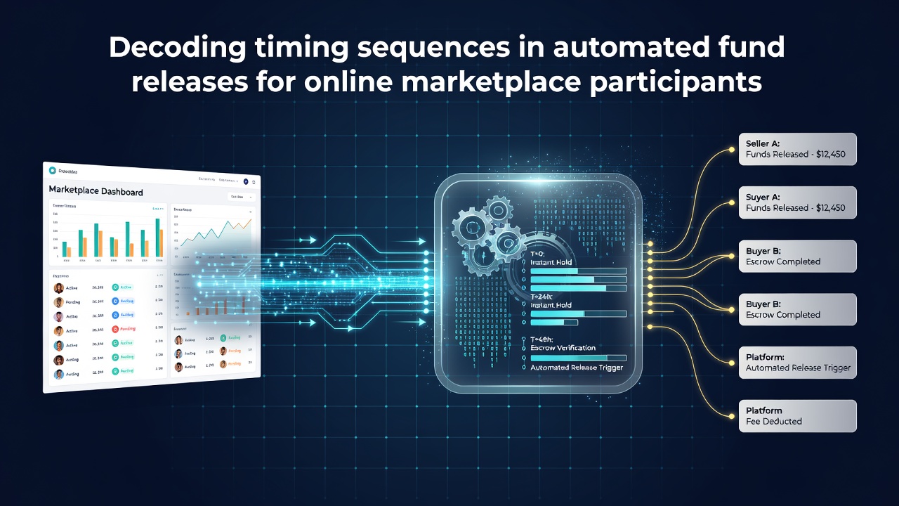Automated fund release timing diagram showing sequenced steps from authorization through settlement in marketplace platforms