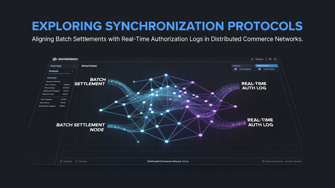 Distributed commerce network diagram showing batch settlements synced with real-time authorization logs across multiple nodes