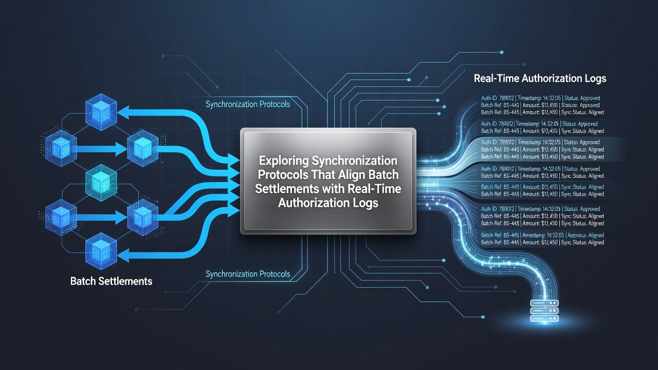 Synchronization protocol flow chart illustrating real-time logs feeding into batch settlement processes