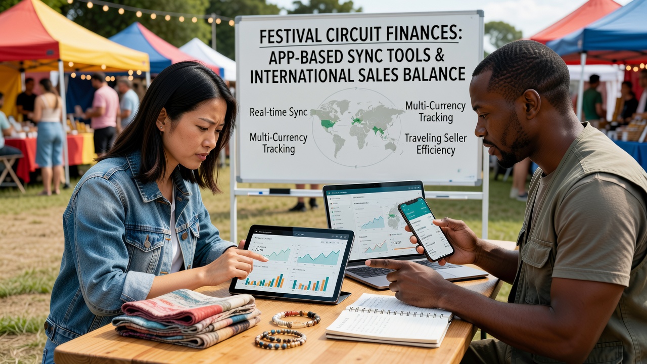 Close-up of a mobile app interface showing synchronized international sales data for a festival vendor