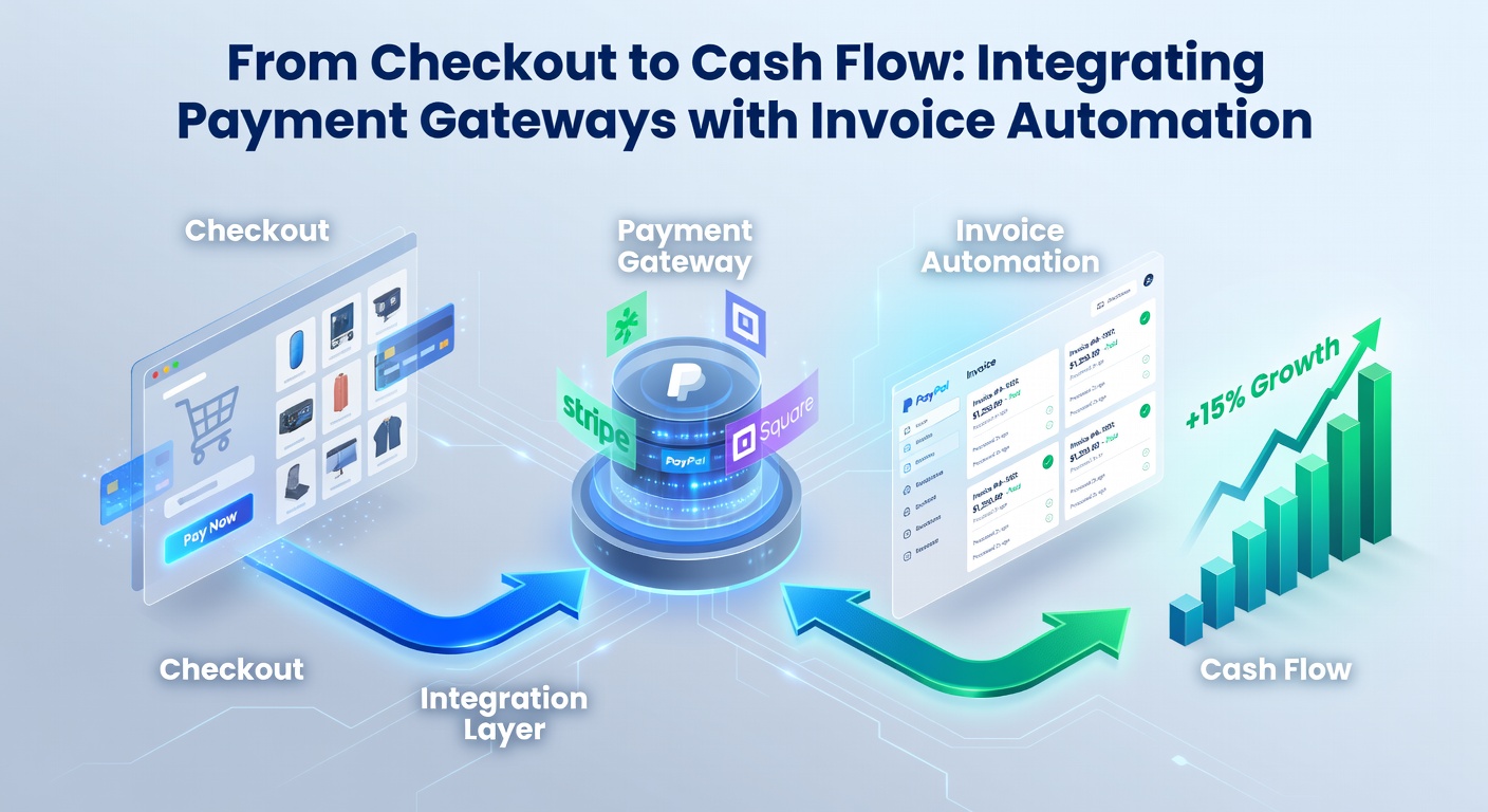 Digital workflow diagram showing payment gateways linking directly to automated invoicing systems, streamlining cash flow from customer checkout to business accounts