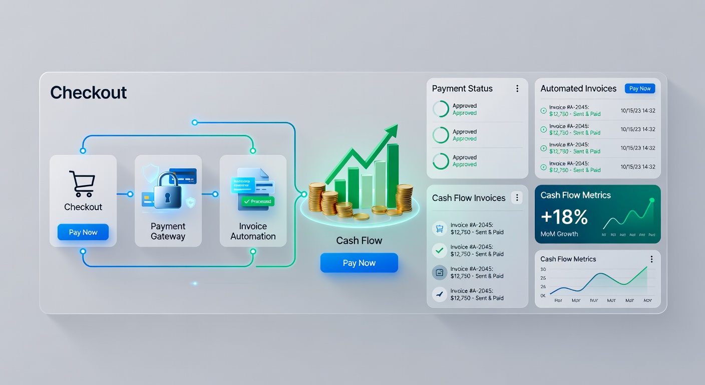 Close-up of a dashboard displaying integrated payment and invoicing metrics, with graphs showing reduced DSO and increased cash flow velocity