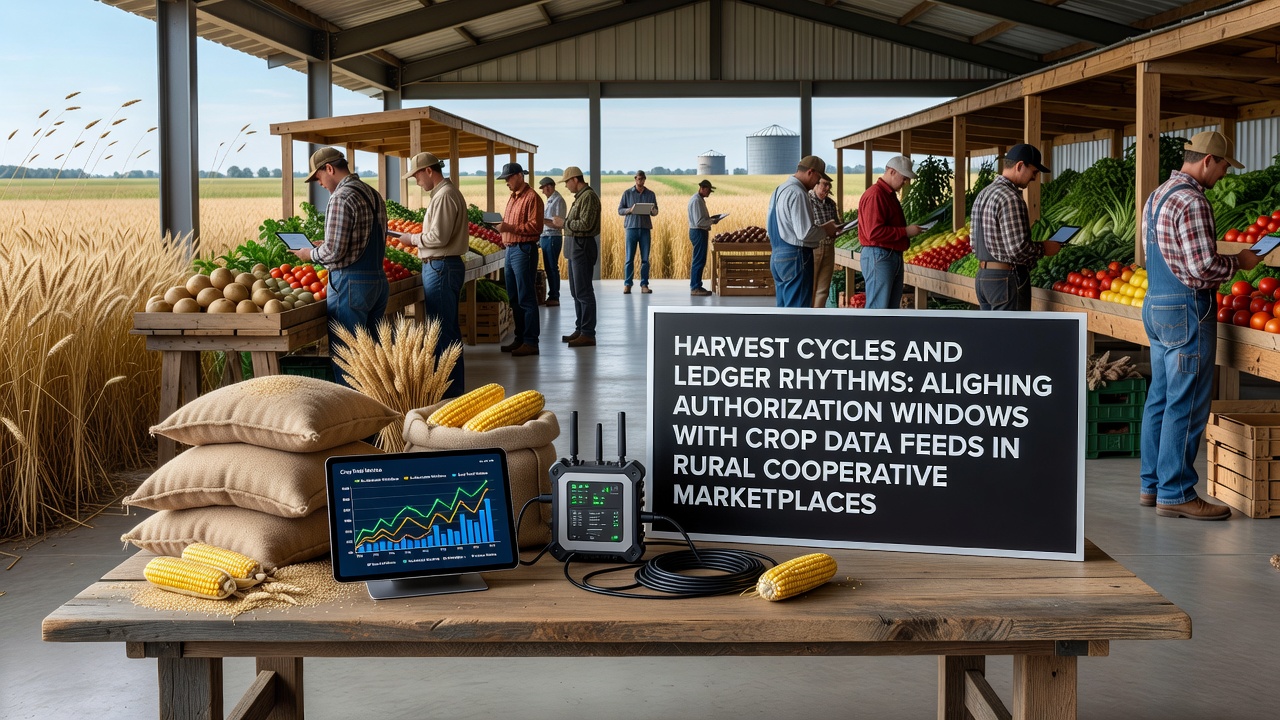 Rural cooperative marketplace with farmers reviewing crop data on tablets during harvest season