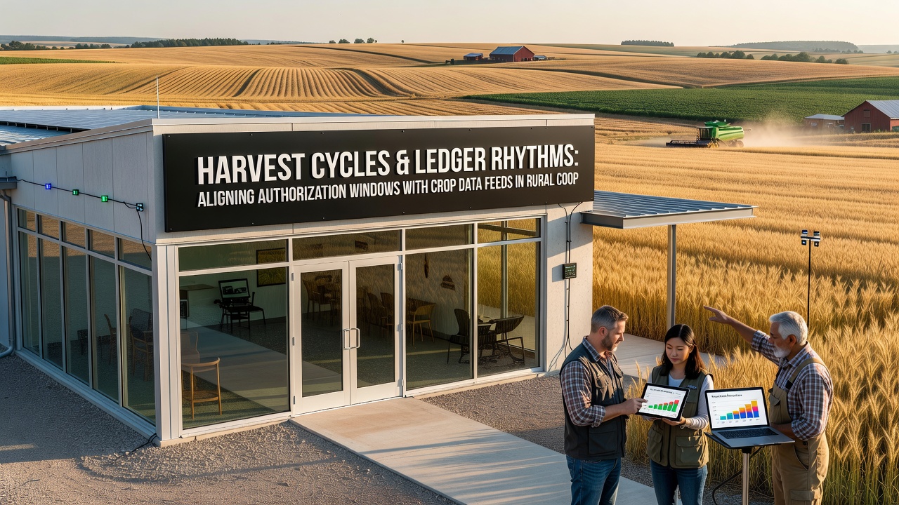 Farmers and cooperative staff analyzing ledger updates synced with crop yield data feeds