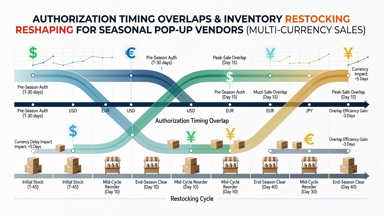 Seasonal pop-up vendor processing multi-currency transactions at an outdoor market with payment terminals visible