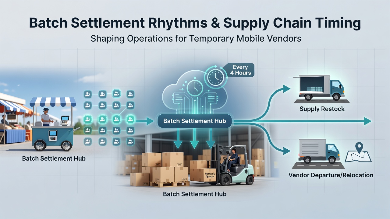 Supply chain coordination meeting for mobile vendors at a temporary event site showing inventory planning around settlement schedules