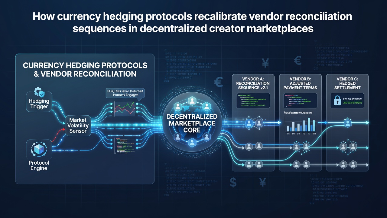Diagram illustrating currency hedging protocols adjusting reconciliation flows across decentralized creator platforms
