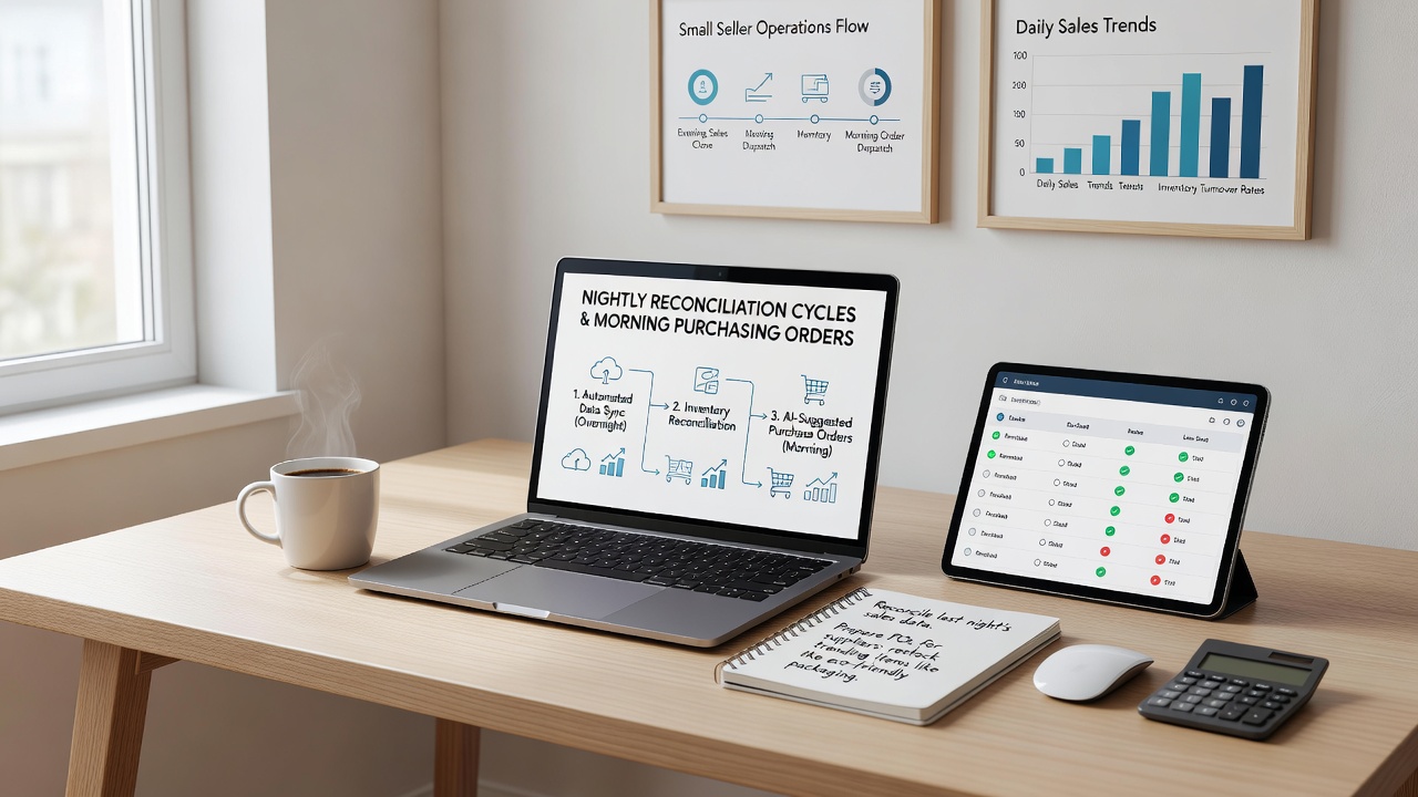 Small online seller reviewing morning purchase orders after nightly reconciliation