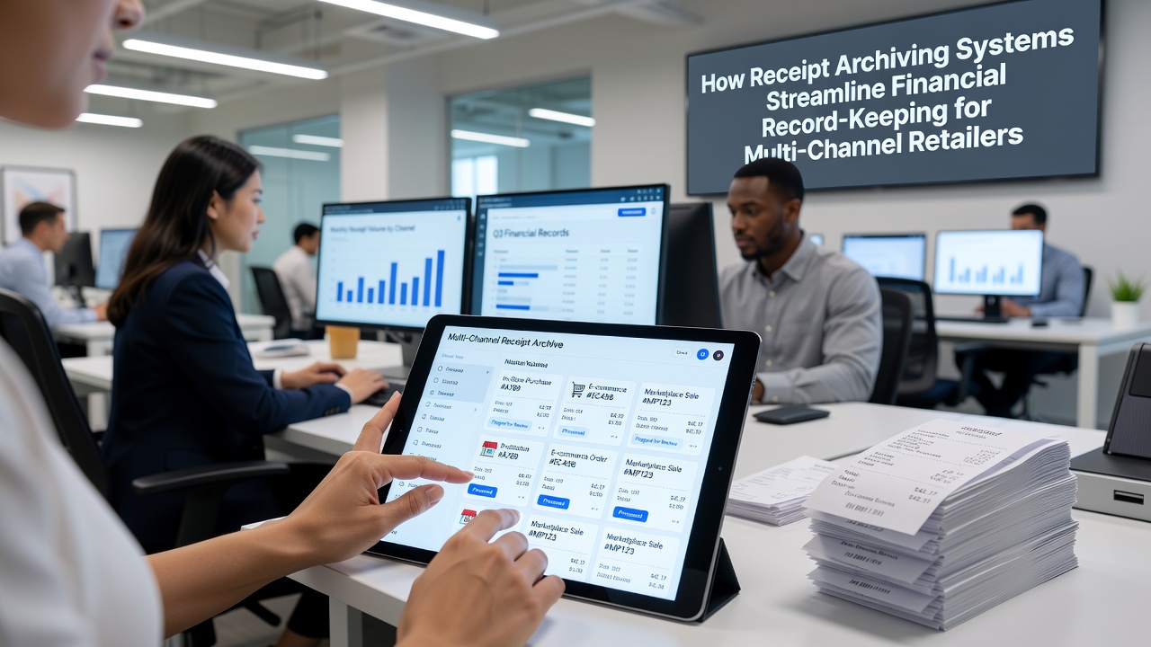 Dashboard view of receipt archiving system showing categorized transactions and compliance status for multi-channel operations