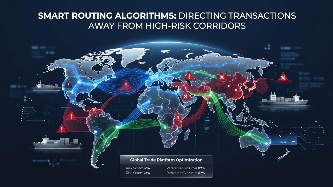 Smart routing algorithms analyzing global trade transaction paths on a digital map interface
