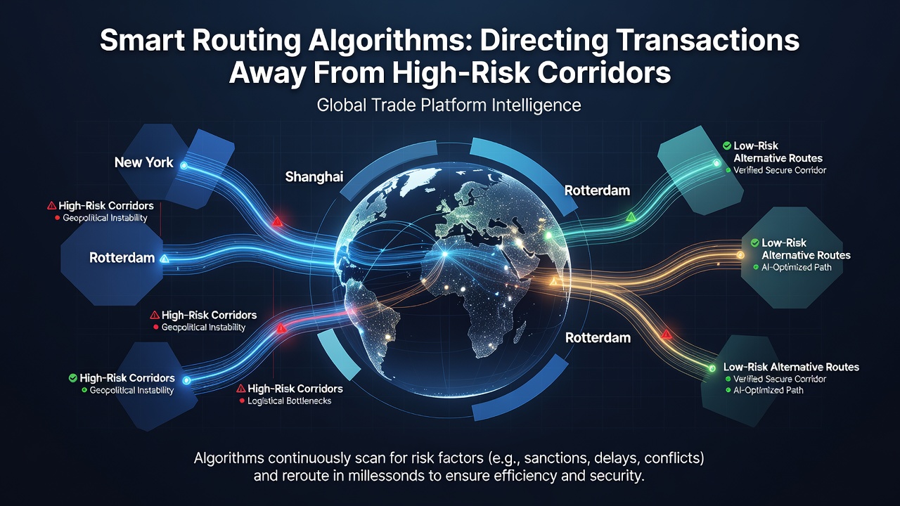 Network diagram showing transaction rerouting across multiple global payment corridors