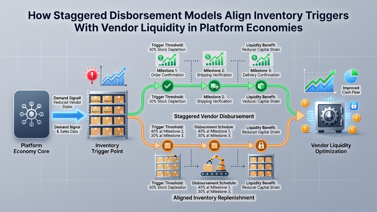 Flowchart illustrating phased fund releases triggered by inventory level changes and their impact on vendor cash positions