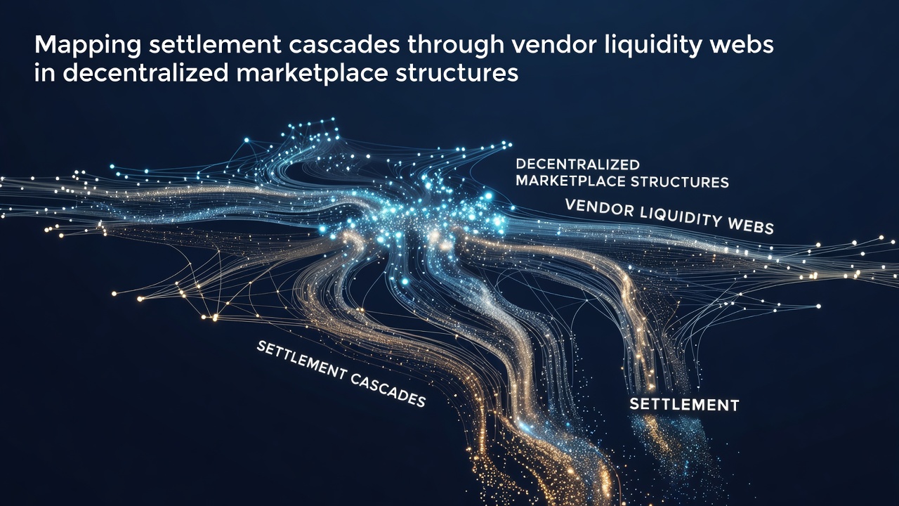 Visualization of settlement cascades flowing through interconnected vendor nodes in a decentralized marketplace network