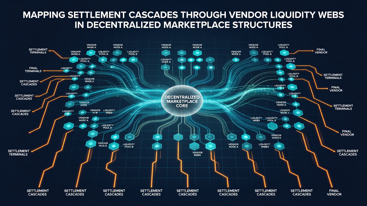 Diagram illustrating liquidity connections and cascade pathways among multiple vendors in a decentralized structure
