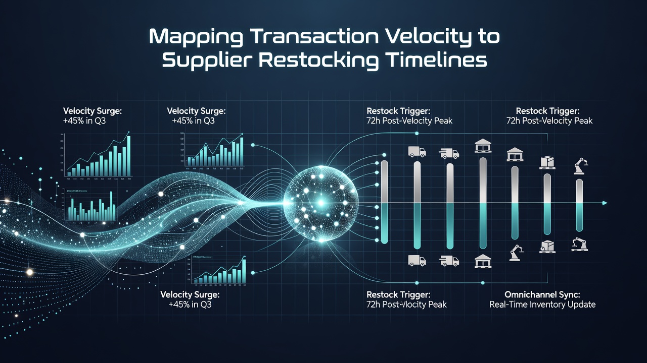 Retail analytics dashboard displaying transaction velocity metrics overlaid on inventory timelines across physical stores and online channels