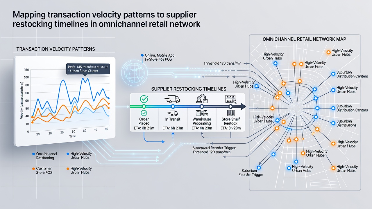 Supply chain analysts reviewing velocity heat maps and supplier delivery schedules on large warehouse monitors