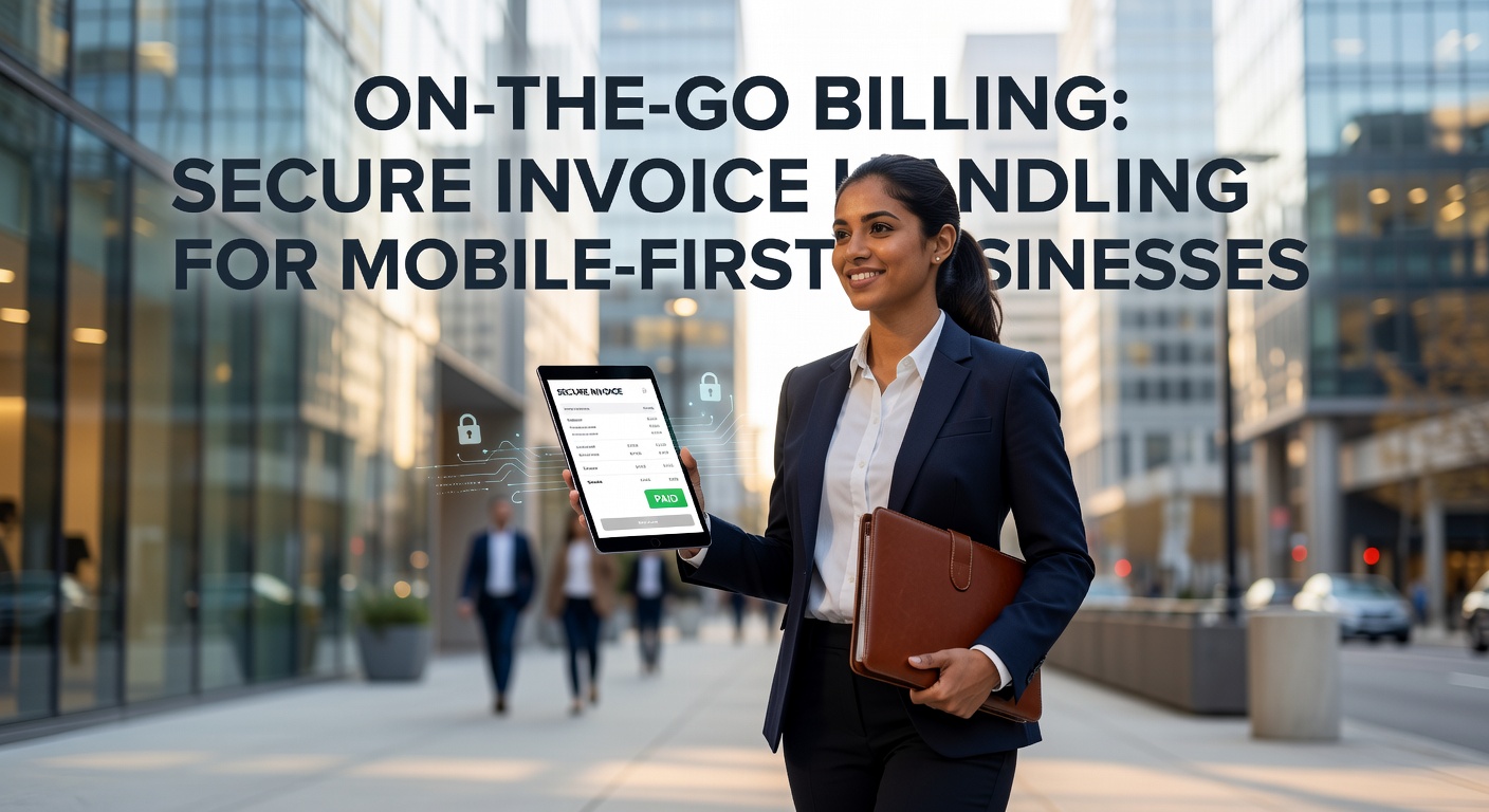 A mobile business owner, like a food truck operator, securely processing an invoice on a smartphone amid a bustling street market, highlighting on-the-go billing in action