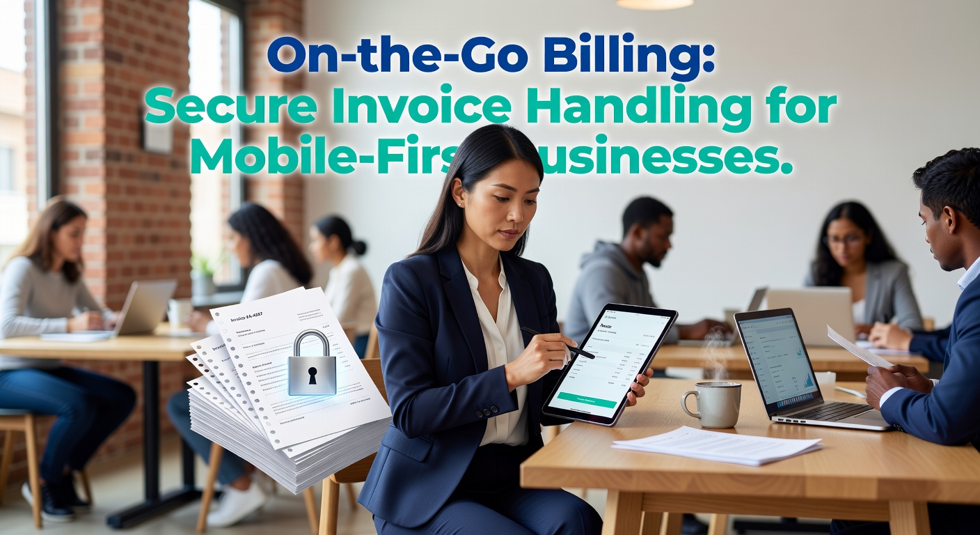 A close-up of a secure mobile billing dashboard displaying tokenized invoices, encryption icons, and biometric login prompts on a tablet, emphasizing protection for on-the-go payments