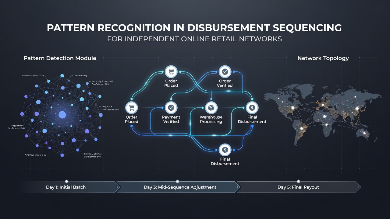 Visualization of pattern recognition algorithms analyzing disbursement sequences across independent online retail networks with data flow charts and transaction timelines