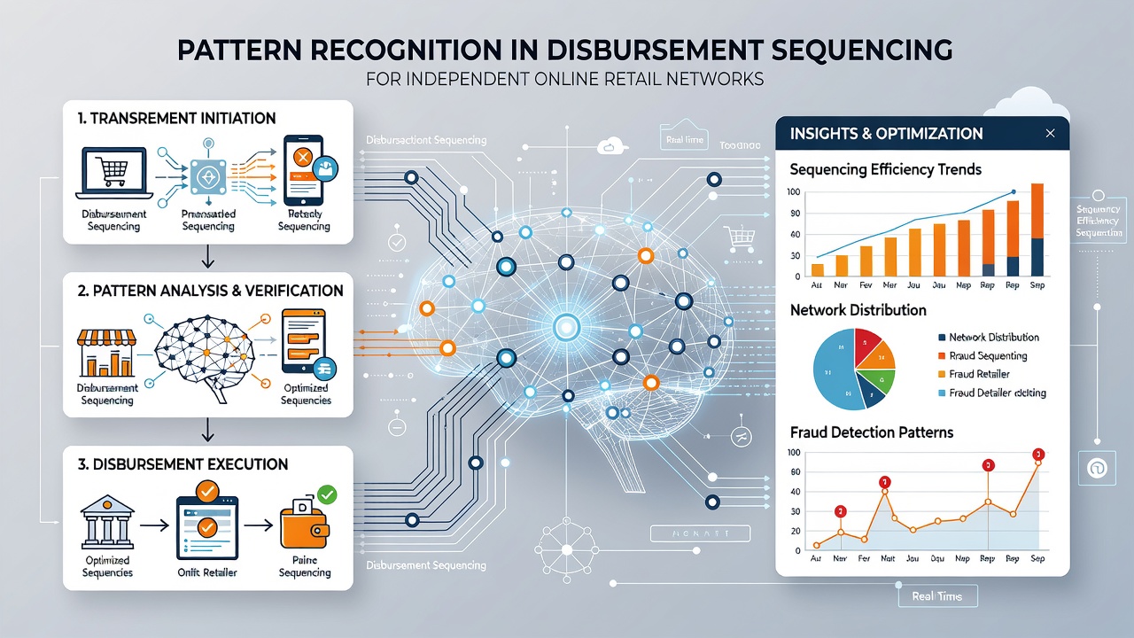 Diagram illustrating disbursement sequencing workflow with pattern detection layers applied to retail vendor payouts and settlement timelines