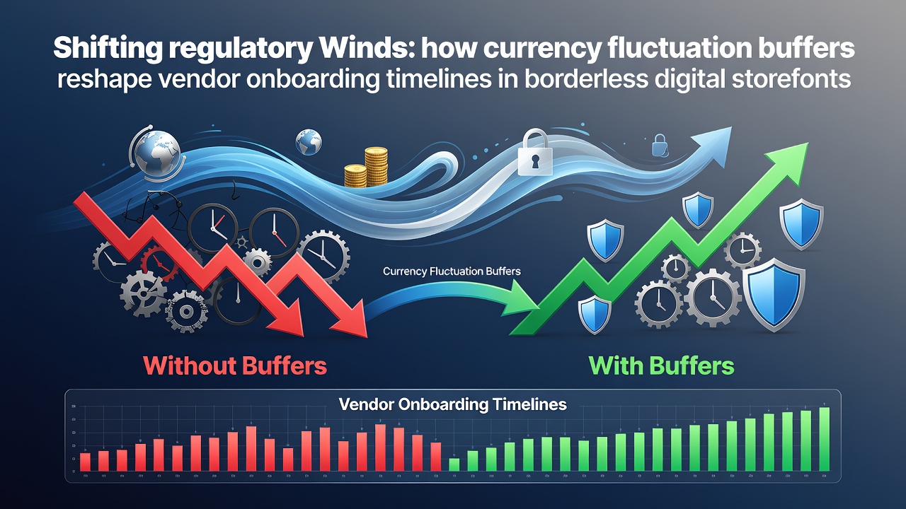 Global digital storefront dashboard showing currency fluctuation buffers and vendor onboarding metrics across multiple regions