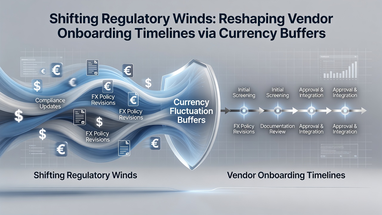 Illustration of vendor onboarding workflow with integrated currency risk buffers and regulatory checkpoints