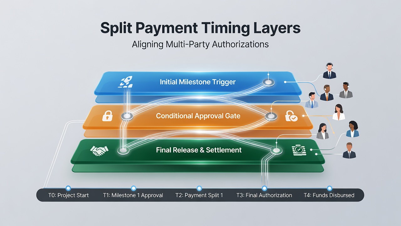 Flowchart illustrating multi-party authorization workflow tied to milestone triggers in project platforms