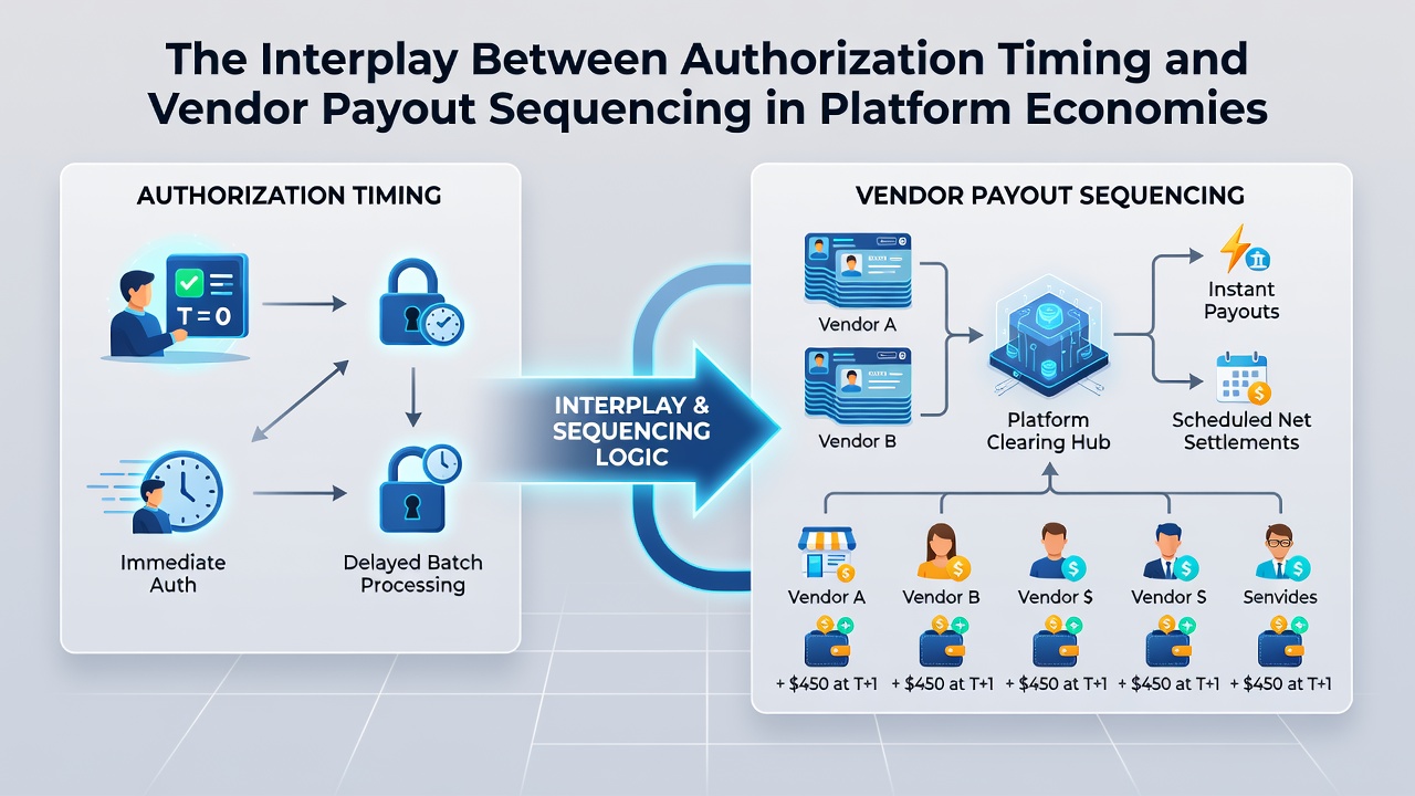 Flowchart illustrating authorization capture points feeding into sequenced vendor disbursements