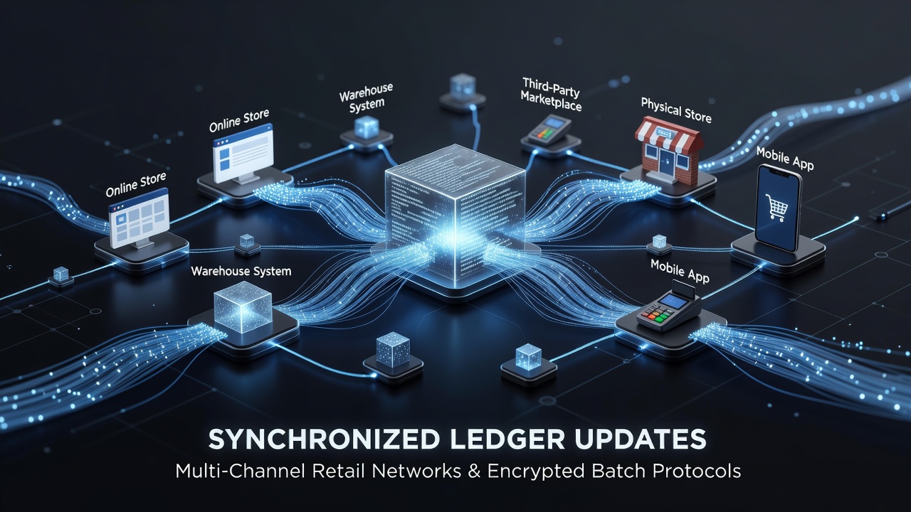 Diagram showing encrypted batch protocol flows across retail channels including online, in-store, and mobile ledgers