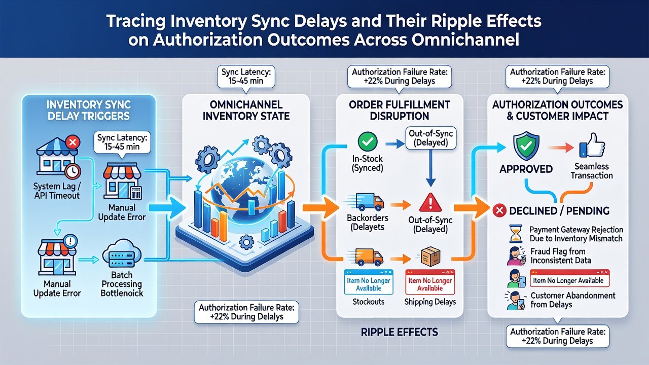 Flow chart illustrating how inventory sync delays propagate to payment authorization declines in retail systems