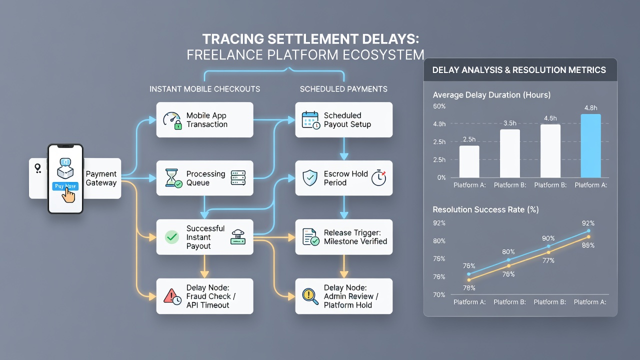 Illustration of settlement timeline with instant and scheduled payment paths