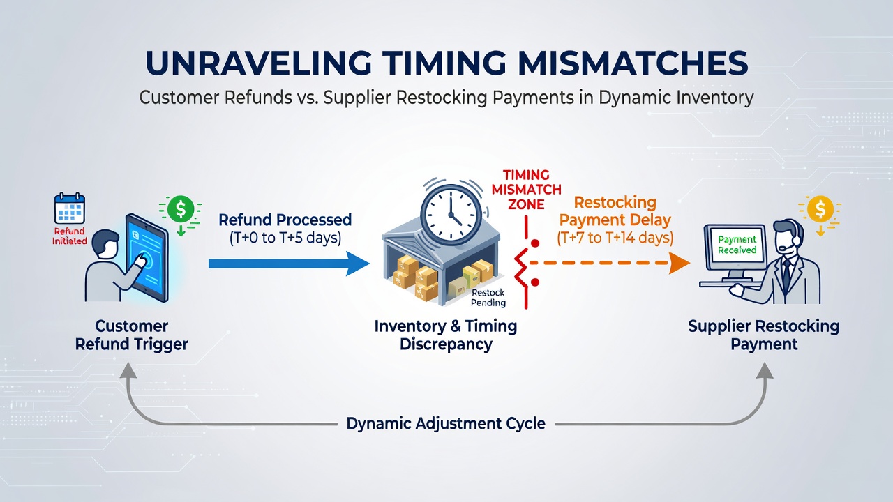 Chart illustrating cash flow gaps caused by asynchronous refund and restocking payment schedules