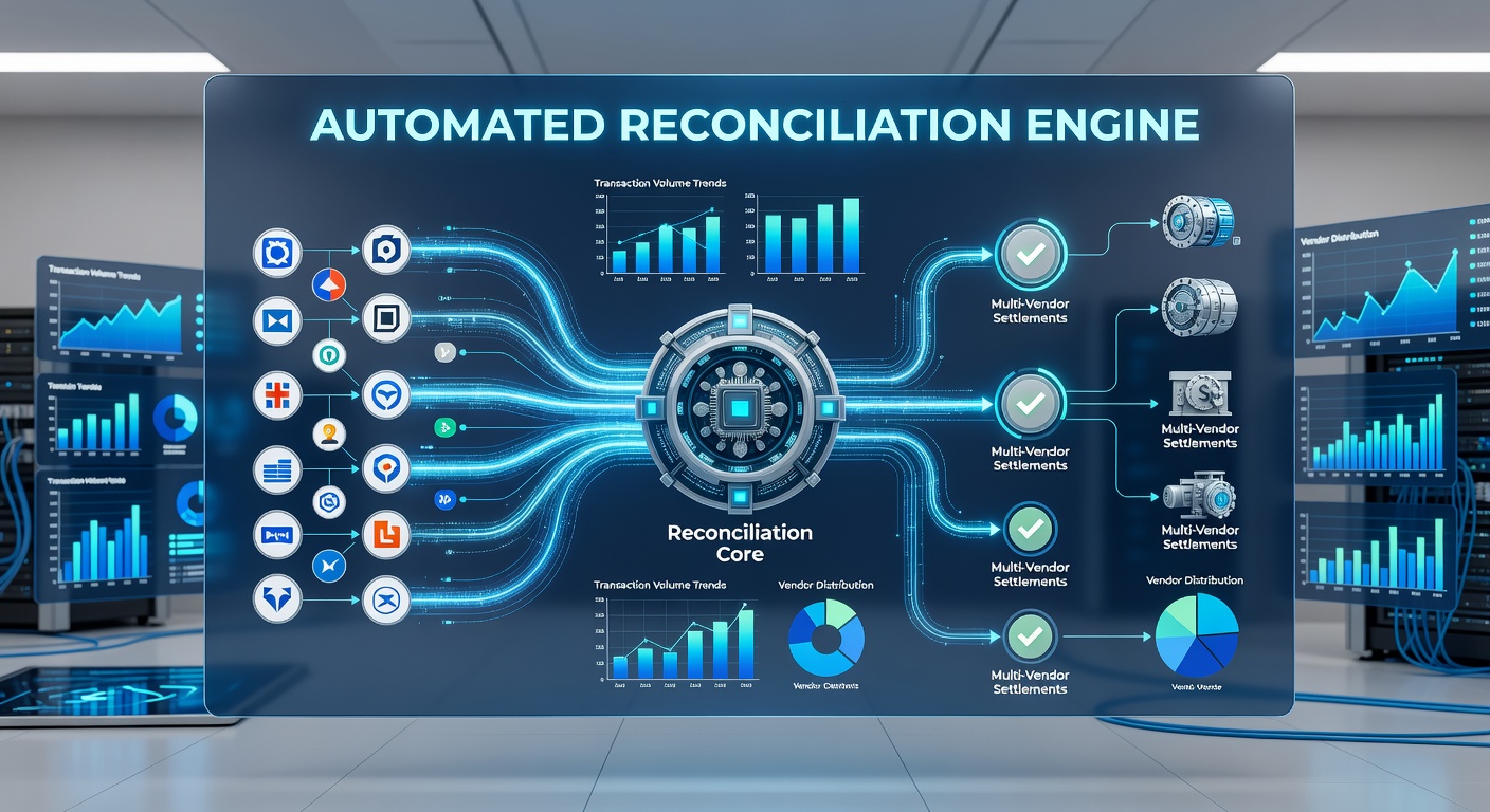 Flowchart illustrating data ingestion, matching logic, and exception routing in automated reconciliation