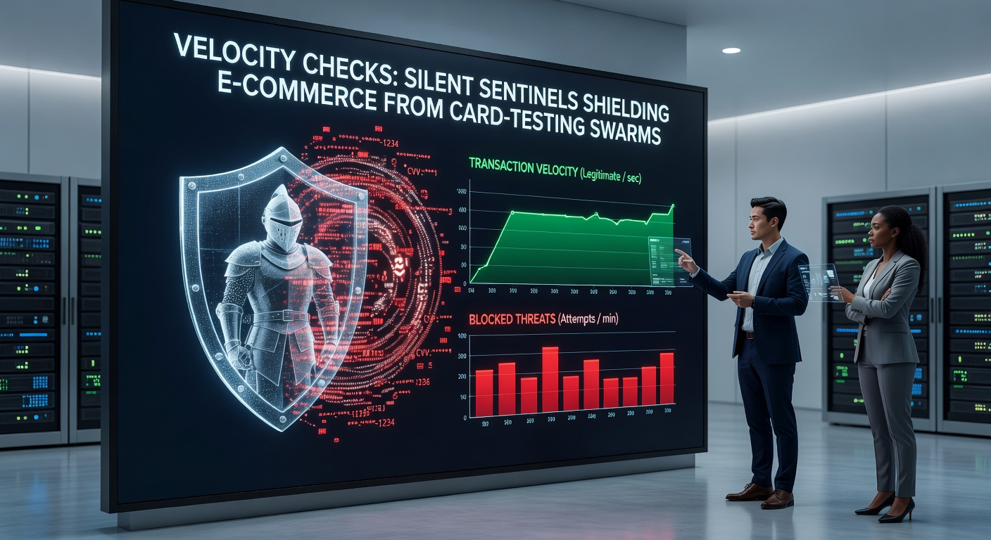 Illustration of bot swarms attacking an e-commerce shield fortified by velocity check barriers