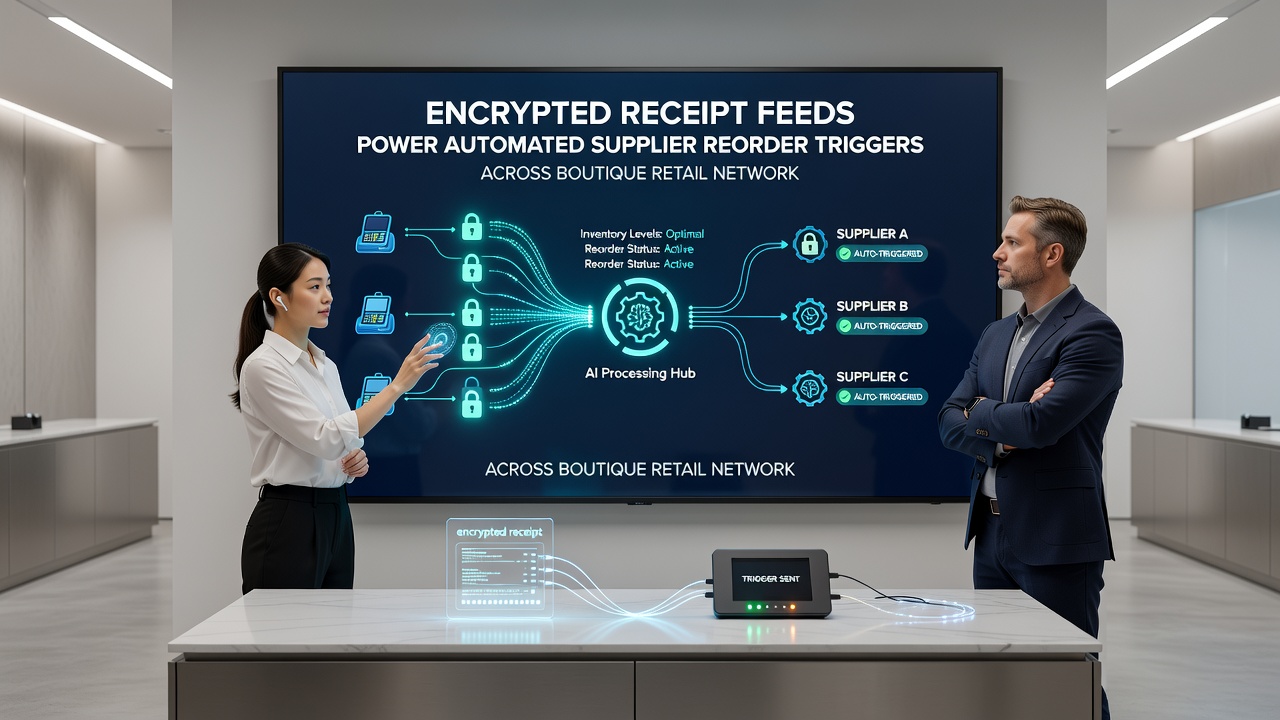 Network diagram showing encrypted receipt feeds connecting multiple boutique stores to supplier reorder systems